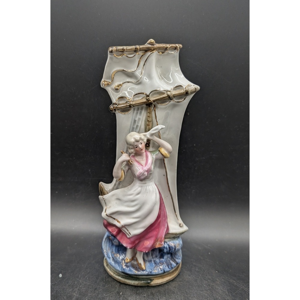 Vintage Germany Porcelain Bud Vase Woman Sailing Ship Gilt Trim 5738 Nautical 9"